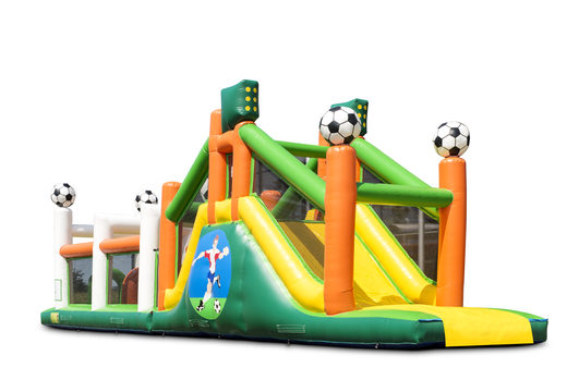 Order a 17 meter wide unique football themed obstacle course with 7 game elements and colorful objects for children. Buy inflatable obstacle courses online now at JB Inflatables America