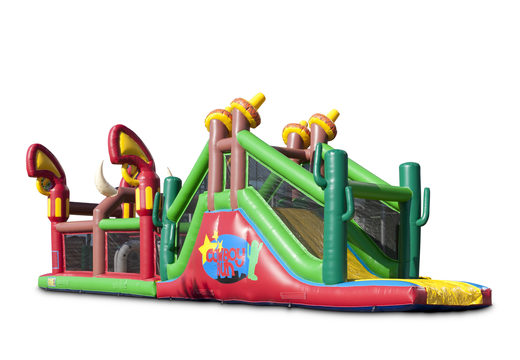Order an inflatable unique 17 meter wide obstacle course in cowboy theme for kids. Buy inflatable obstacle courses online now at JB Inflatables America