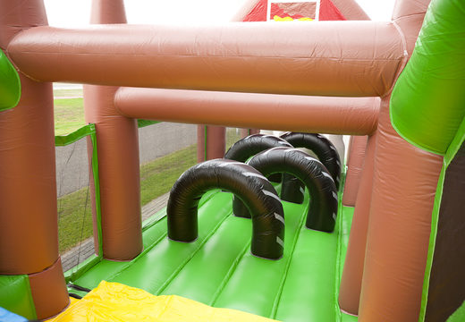 Order a 17 meter wide unique farm themed obstacle course with 7 game elements and colorful objects for children. Buy inflatable obstacle courses online now at JB Inflatables America