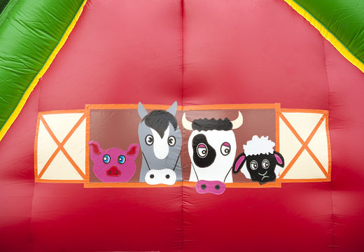 Buy a 17-metre-wide inflatable farm-themed obstacle course with 7 game elements and colorful objects for kids. Order inflatable obstacle courses now online at JB Inflatables America