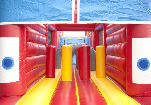 Unique 17 meter wide obstacle course in a fire department theme with 7 game elements and colorful objects for kids. Buy inflatable obstacle courses online now at JB Inflatables America