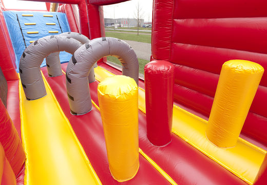 Firefighter themed inflatable obstacle course with 7 game elements and colorful objects buy now for kids. Order inflatable obstacle courses now online at JB Inflatables America