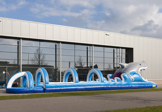 Spectacular inflatable shark belly slide 18 meters long with an extra wide track for children. Buy inflatable belly slides now online at JB Inflatables America