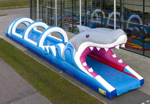 Buy inflatable belly slide 18 meters long, shark themed for children. Order inflatable slides now online at JB Inflatables America