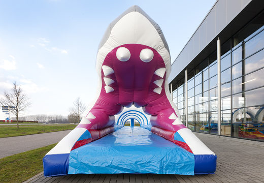 Buy 18m long inflatable shark themed belly slide for kids. Order inflatable slides now online at JB Inflatables America