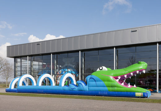 Spectacular inflatable crocodile belly slide 18 meters long with an extra wide track for children. Buy inflatable belly slides now online at JB Inflatables America