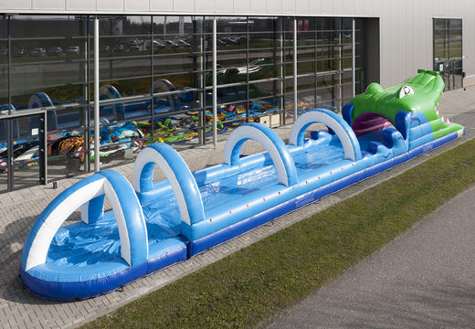 Buy 18m long inflatable crocodile themed belly slide for kids. Order inflatable slides now online at JB Inflatables America