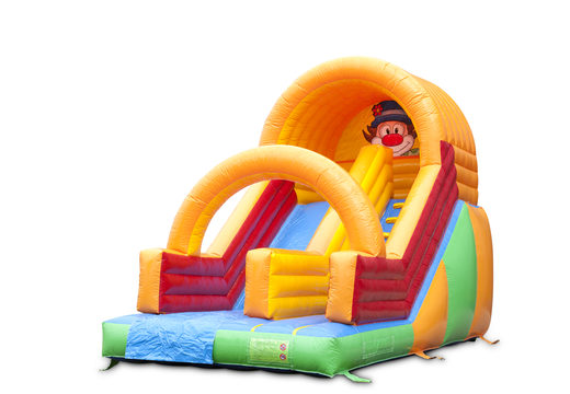 Buy a Clown slide with the cheerful colors and nice print on the back wall. Order inflatable slides now online at JB Inflatables America