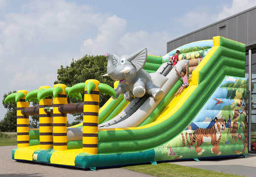 Buy jungle world themed inflatable slide with fun 3D figures and colorful prints for children. Order inflatable slides now online at JB Inflatables America