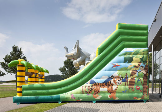 Get your jungleworld themed inflatable slide with fun 3D figures and colorful prints for children. Order inflatable slides now online at JB Inflatables America