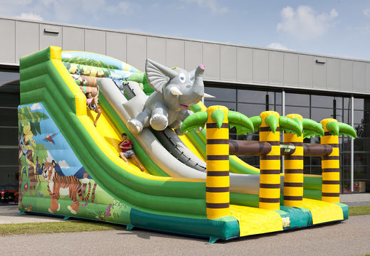 Order an inflatable slide in the jungle world theme with funny 3D figures and colorful prints for kids. Buy inflatable slides now online at JB Inflatables America