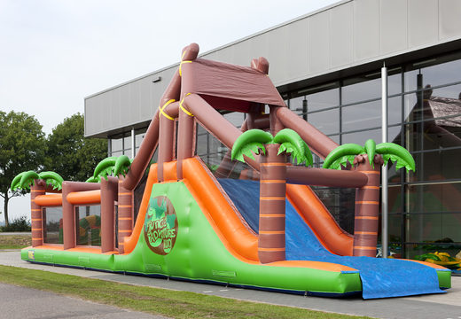 Buy a unique 17 meter wide jungle themed obstacle course with 7 game elements and colorful objects for kids. Order inflatable obstacle courses now online at JB Inflatables America