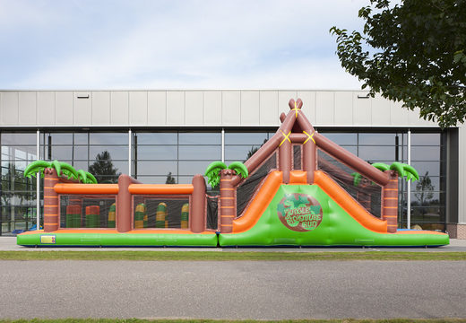 Order a 17 meter wide unique jungle themed obstacle course with 7 game elements and colorful objects for children. Buy inflatable obstacle courses online now at JB Inflatables America