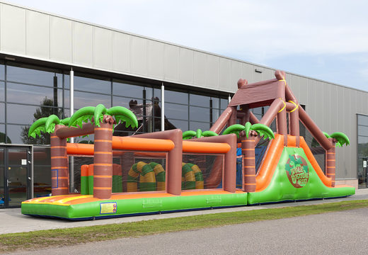 Buy a 17-metre-wide jungle-themed obstacle course with 7 game elements and colorful objects for kids. Order inflatable obstacle courses now online at JB Inflatables America