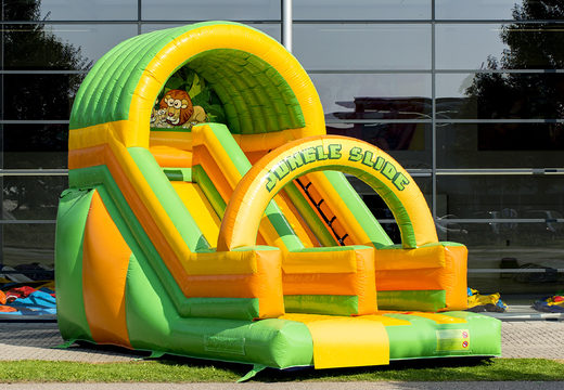 Order a spectacular jungle-themed inflatable slide with cheerful colors for children. Buy inflatable slides now online at JB Inflatables America