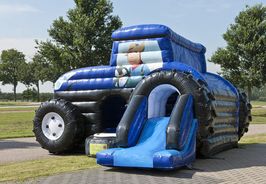Buy covered maxi multifun blue bounce house with slide in tractor theme for children. Order bounce houses online at JB Inflatables America