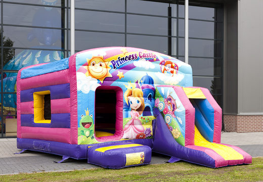 Buy covered maxi multifun bounce house with slide in princess theme for children. Order bounce houses online at JB Inflatables America