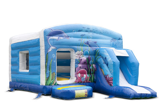 Buy a small indoor inflatable multiplay bouncer with slide in the seaworld sea theme for children. Order inflatable bouncers online at JB Inflatables America