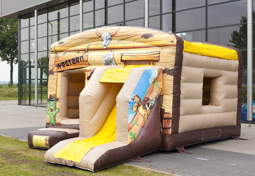 Buy covered maxi multifun bounce house with slide in western cowboy theme for children. Order bounce houses online at JB Inflatables America