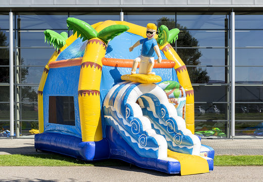Buy covered maxifun super bounce house with slide in beach theme for children. Order inflatable bounce houses online at JB Inflatables America