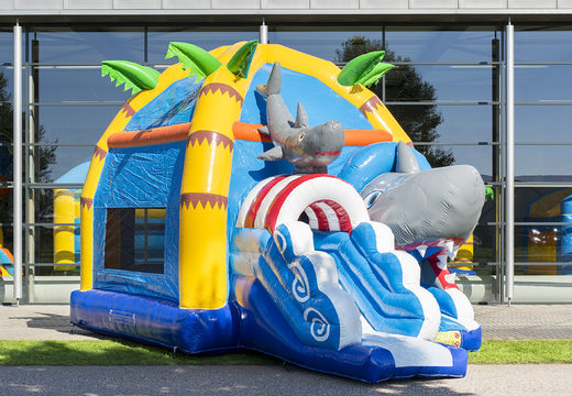 Order inflatable maxifun bounce house with roof in shark theme for children at JB Inflatables America. Buy inflatable bounce houses online at JB Inflatables America
