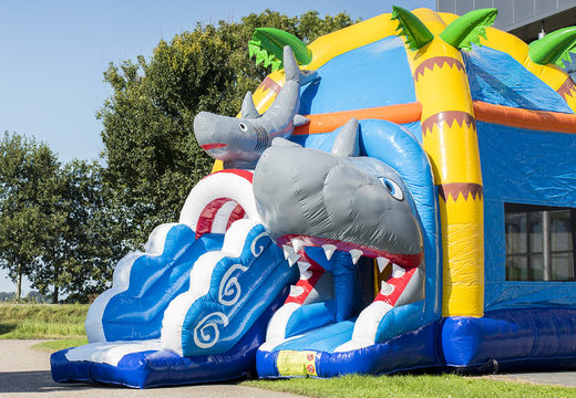 Buy Maxifun super bouncy castle in bright colors and fun 3D figures in a shark theme at JB Inflatables America. Order bouncy castles now online at JB Inflatables America