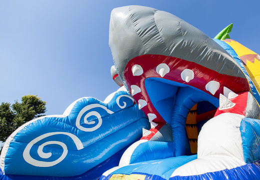 Order covered maxifun super bouncer with slide in shark theme for children. Buy bouncers online at JB Inflatables America