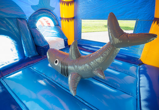 Buy Maxifun super bounce house in bright colors and fun 3D figures in a shark theme at JB Inflatables America. Order bounce houses now online at JB Inflatables America