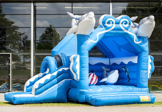 Buy inflatable multifun blue bounce house with roof in a dolphin theme with 3D objects on top for kids at JB Inflatables America. Order bounce houses online at JB Inflatables America