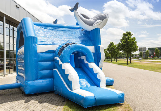 Order inflatable multifun bounce house with roof in dolphin with 3D objects at the top for kids at JB Inflatables America. Buy inflatable bounce houses online at JB Inflatables America