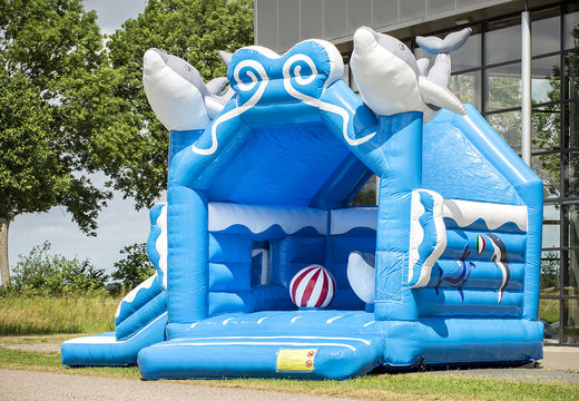 Multifun bouncy castle in bright colors and fun 3D figures in a dolphin theme for kids at JB Inflatables America. Buy inflatable bouncy castles now online at JB Inflatables America