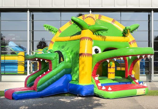 Buy covered multifun super bounce house with slide in crocodile theme for children. Order inflatable bounce houses online at JB Inflatables America