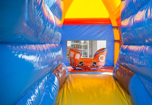 Order an inflatable indoor multifun super bouncy castle in bright colors and fun 3D figures in a beach theme for kids. Buy bouncy castles online at JB Inflatables America