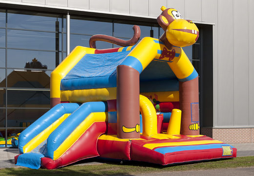 Order covered multifun bouncy castle with slide in monkey theme with 3D object at the top for both young and older children. Buy inflatable bouncy castles online at JB Inflatables America