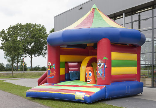 Buy multifun bounce house in a carousel theme with different obstacles and a slide for kids. Order inflatable bounce houses online at JB Inflatables America