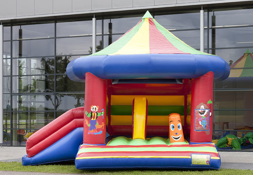 Order covered multifun bounce house with slide in the circus theme with various obstacles and a slide for both young and older children. Buy inflatable bounce houses online at JB Inflatables America