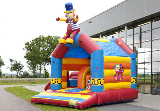 Buy multifun bouncy castle in clown theme with a striking 3D figure on the roof for kids. Order inflatable bouncy castles online at JB Inflatables America