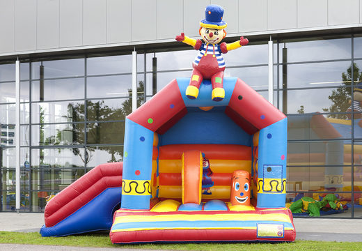 Order covered multifun bounce house with slide in the theme clown with 3D object at the top for both young and older children. Buy inflatable bounce houses online at JB Inflatables America