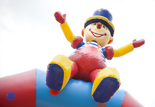 Order multifun bounce house in a clown theme with a striking 3D figure at the top for kids. Buy inflatable bounce houses online at JB Inflatables America