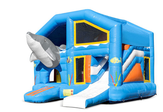 Buy an inflatable indoor multiplay bouncy castle with slide in the dolphin theme for children. Order inflatable bouncy castles online at JB Inflatables America