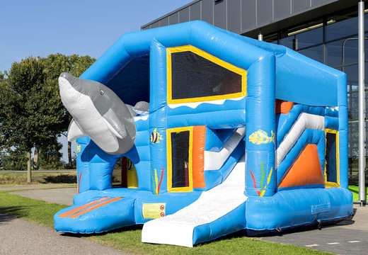 Medium inflatable multiplay bounce house in dolphin theme for children. Order inflatable bounce houses online at JB Inflatables America