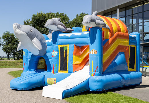 Order medium inflatable dolphin bouncy castle with slide for children. Buy inflatable bouncy castles online at JB Inflatables America