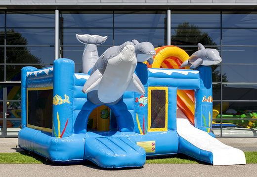 Buy medium inflatable multiplay dolphin themed bounce house with slide for kids. Order inflatable bounce houses online at JB Inflatables America