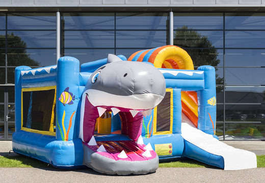 Medium inflatable multiplay bounce house in shark theme for children. Order inflatable bounce houses online at JB Inflatables America