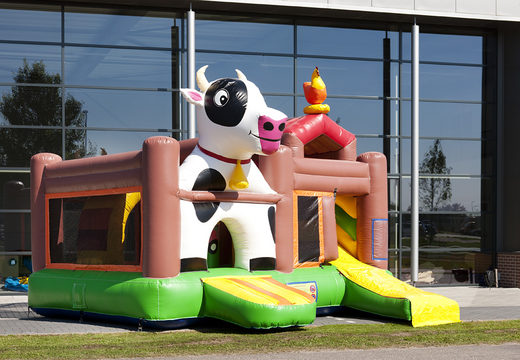 Buy medium-sized inflatable farm multiplay bounce house with a slide, fun objects on the jumping surface and eye-catching 3D objects for kids. Order inflatable bounce houses online at JB Inflatables America