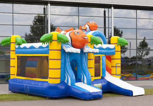 Medium inflatable multiplay bounce house in nemo theme with slide for children. Order inflatable bounce houses online at JB Inflatables America