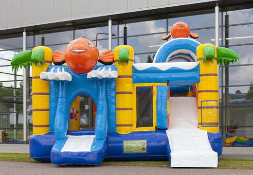 Multiplay bouncy castle in clownfish theme with slide for children. Buy inflatable bouncy castles online at JB Inflatables America