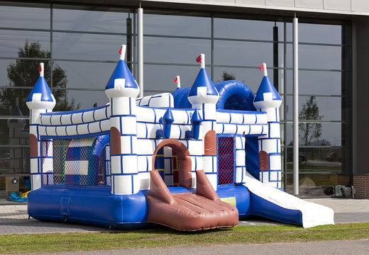 Buy a bouncer in theme blue and white castle with a slide for children. Order inflatable bouncers online at JB Inflatables America
