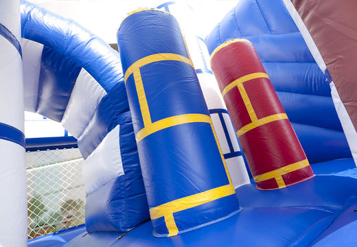 Medium inflatable multiplay bouncer in blue and white castle theme with slide for children. Order inflatable bouncers online at JB Inflatables America