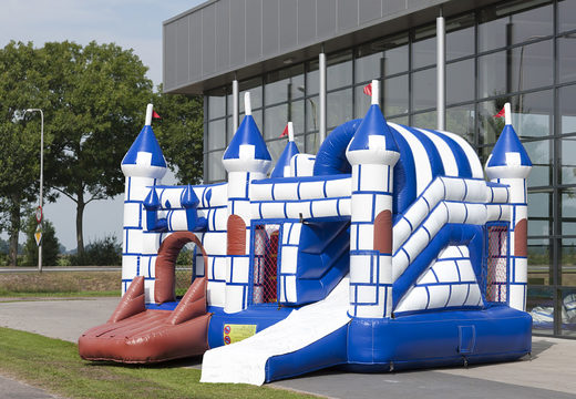 Buy medium inflatable multiplay bouncy castle in blue white castle theme with slide for kids. Order inflatable bouncy castles online at JB Inflatables America